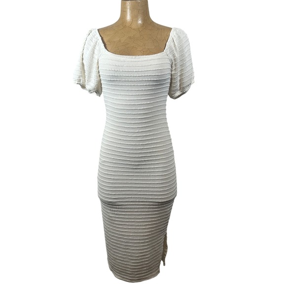 White Form Fitting Bodycon Textured Puff Sleeve Square Neck Midi Dress Side Slit - Picture 2 of 8